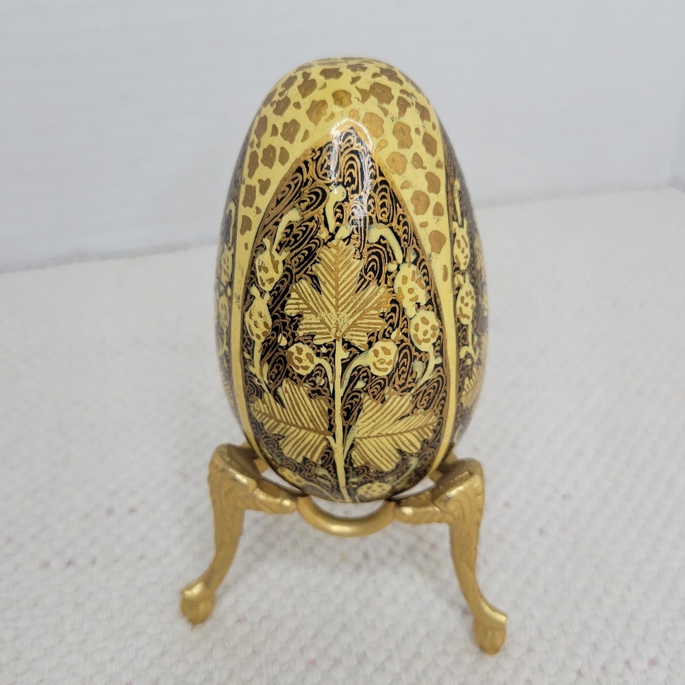 Hand Painted Kashmir Wooden Egg Black and Yellow with Gold Accents With Stand